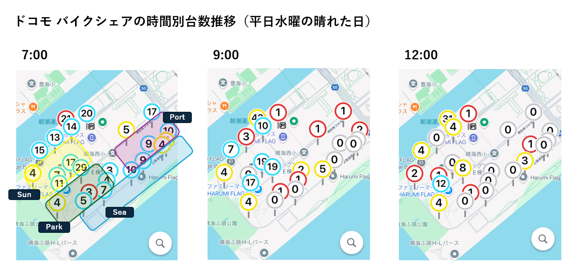 晴海フラッグ ドコモ バイクシェアの時間別台数推移・地図（平日水曜の晴れた日）（はるみライフ＋）