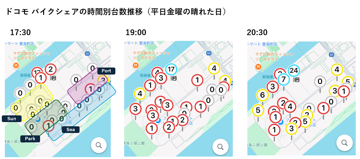 晴海フラッグ ドコモ バイクシェアの時間別台数推移・地図（平日金曜の晴れた日）（はるみライフ＋）